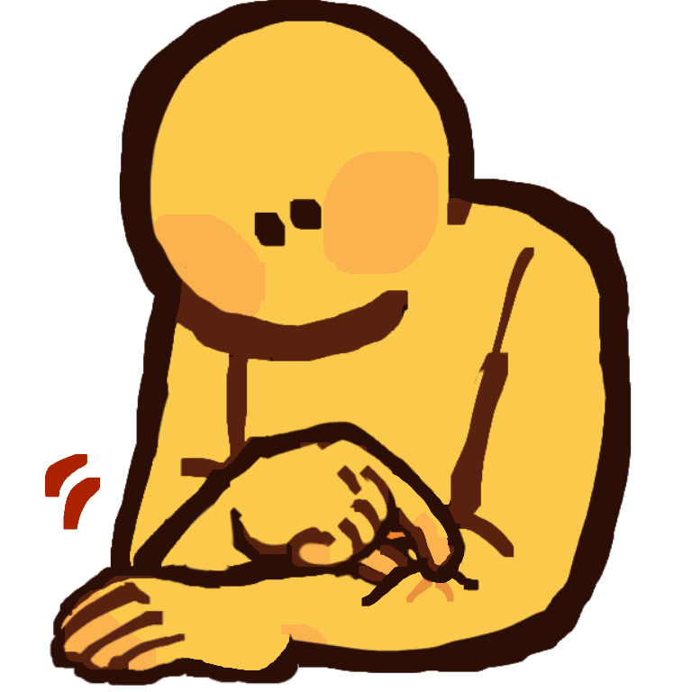 a simple emoji yellow figure, shown from the waist up, pinching their arm.